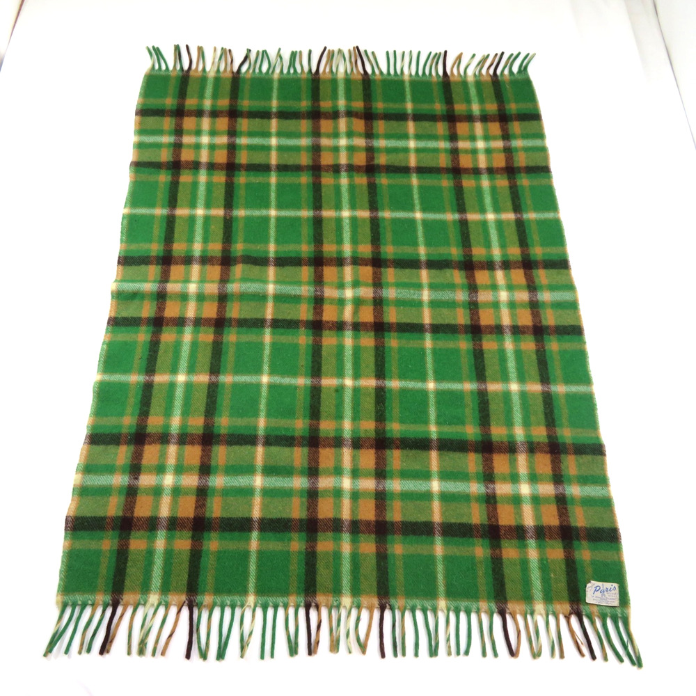 Paris Woolen Mills Wool Shawl Blanket Green Beige Plaid Oregon 46x34 +Fringe Vtg